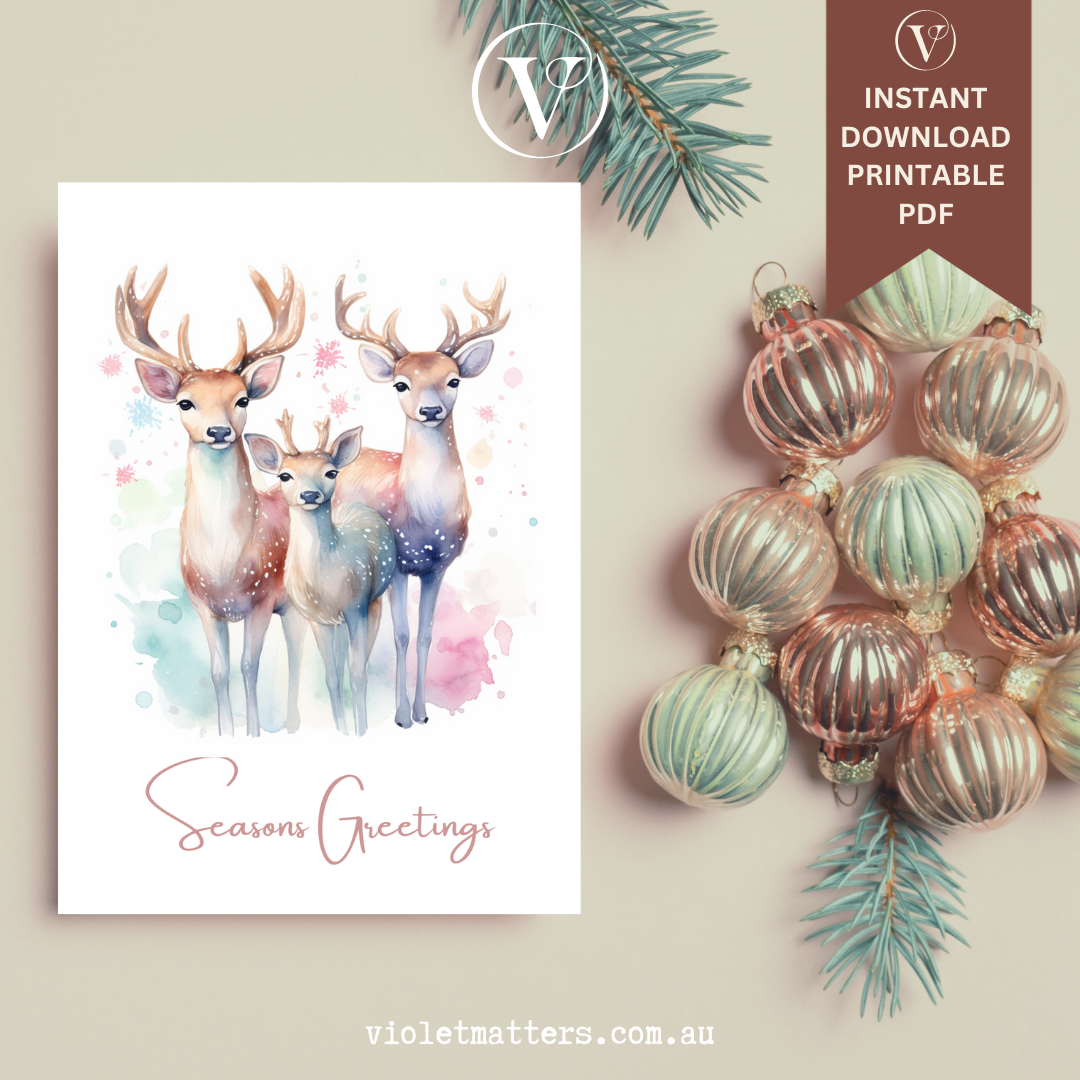 Beautiful Pastel Watercolor Deer Printable Christmas A5 Card