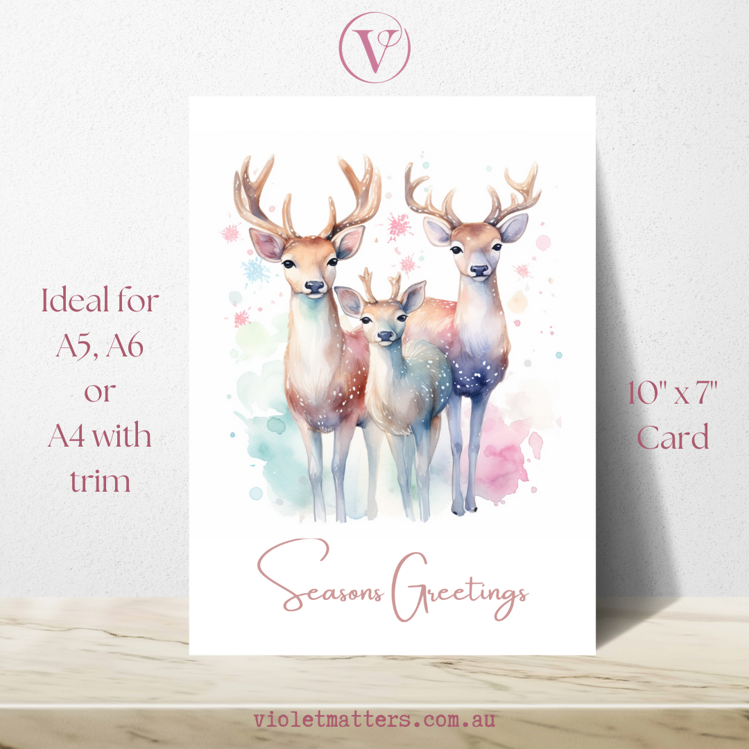 Beautiful Pastel Watercolor Deer Printable Christmas A5 Card