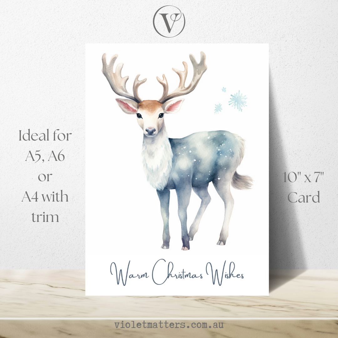 Elegant Pastel Watercolor Deer Printable Christmas A5 Card