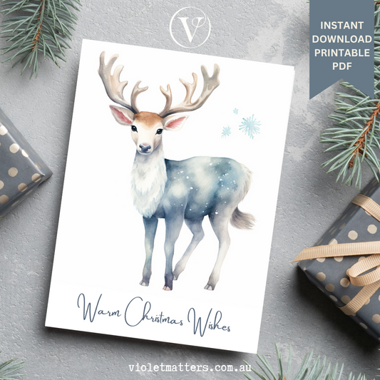 Elegant Pastel Watercolor Deer Printable Christmas A5 Card