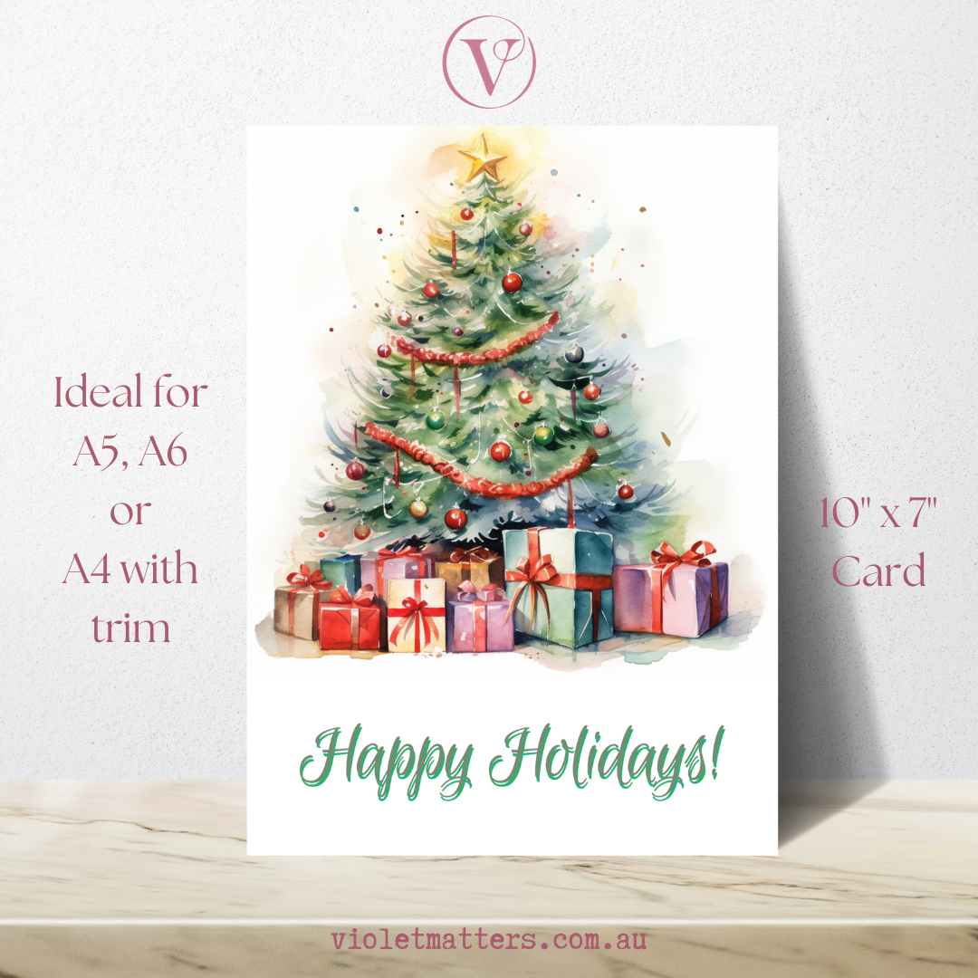 Charming Happy Holidays Printable Watercolor Christmas Tree A5 Card