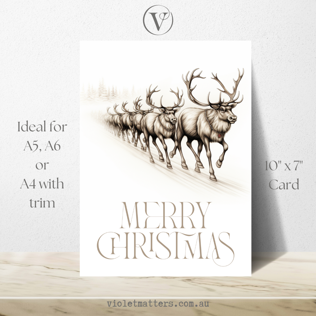 Printable Digital Christmas A5 Card - Beautiful Reindeer's Line Drawing