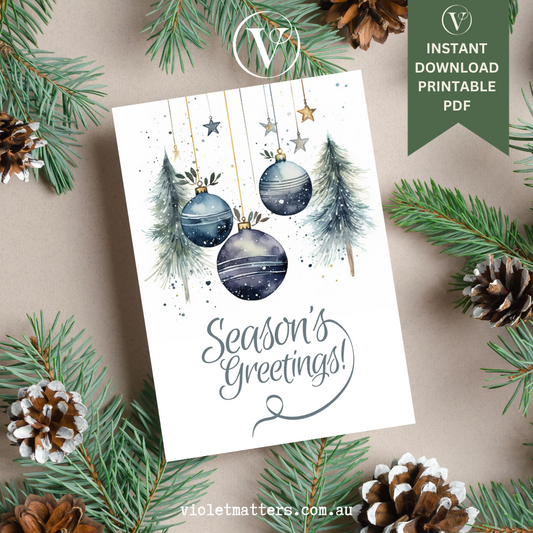 Digital Printable Watercolor Christmas A5 Card - Seasons Greetings Decorations