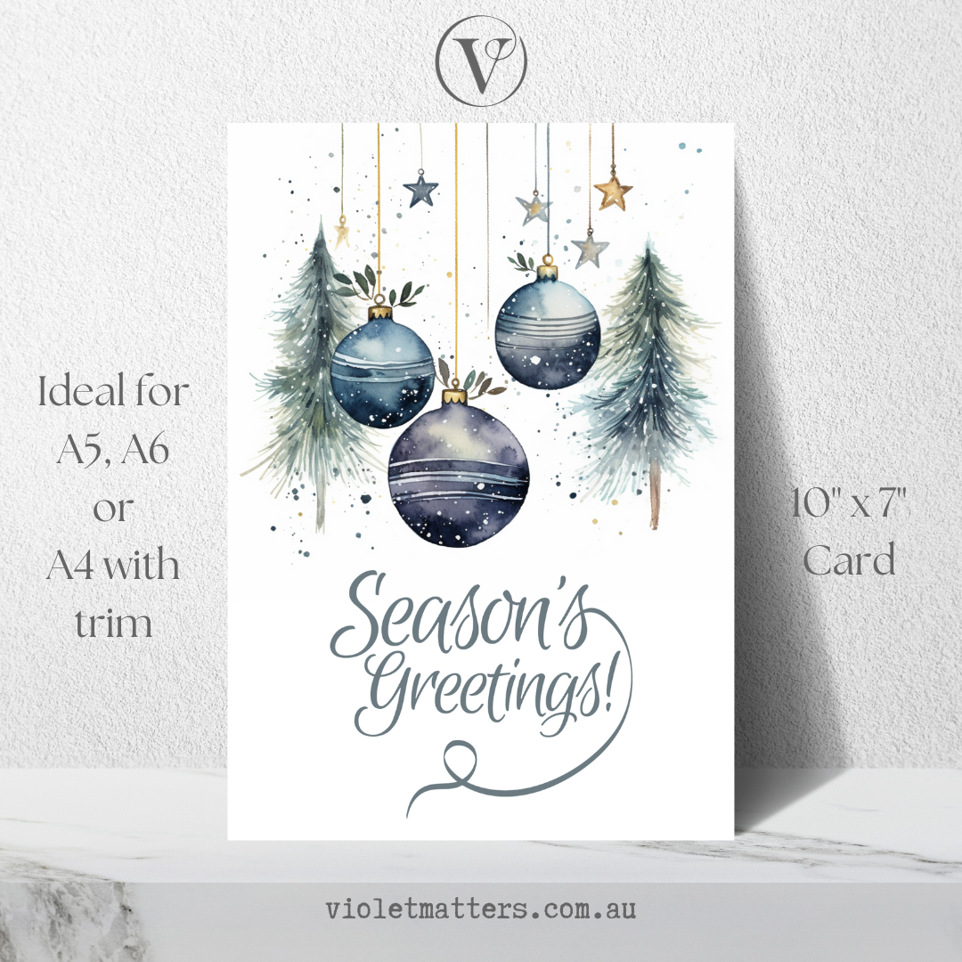 Digital Printable Watercolor Christmas A5 Card - Seasons Greetings Decorations