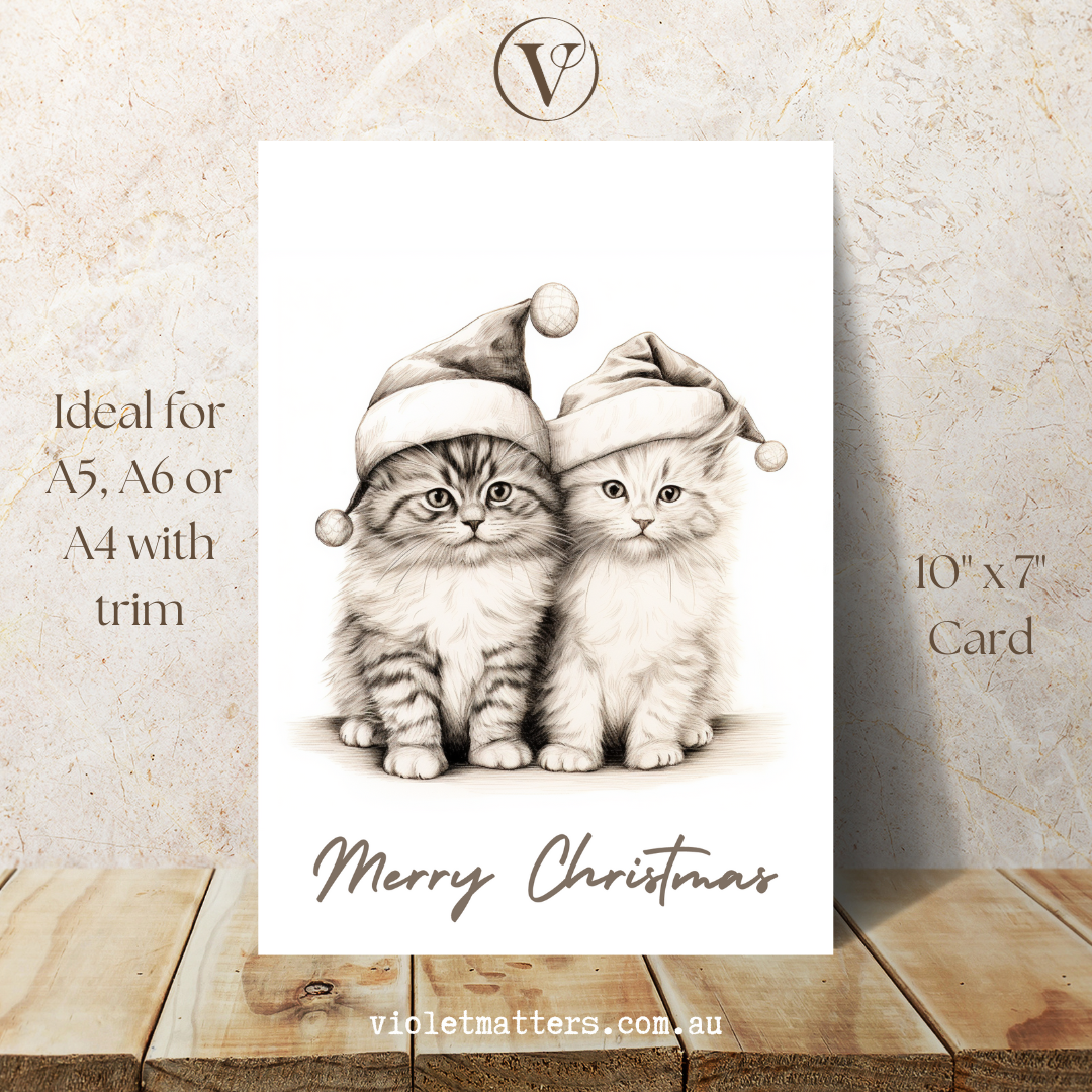 Merry Catmas Printable Digital Christmas A5 Card - Cute Kittens in Hats