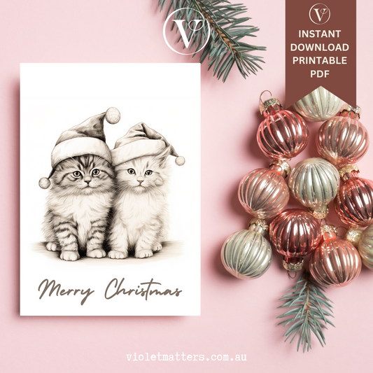 Merry Catmas Printable Digital Christmas A5 Card - Cute Kittens in Hats