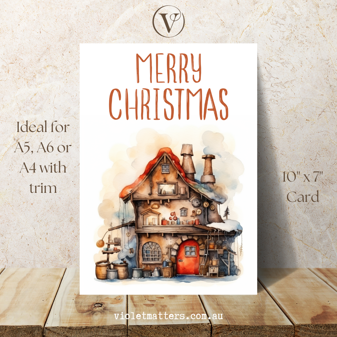 Digital Printable Christmas A5 Card - Santa's Workshop Watercolor