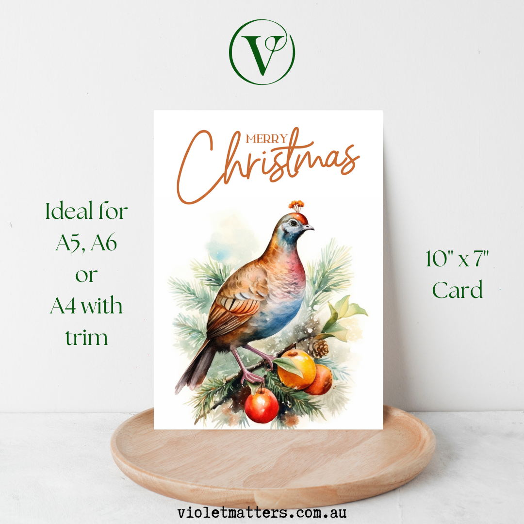 Printable Digital Watercolor Christmas A5 Card - Partridge in a Pear Tree