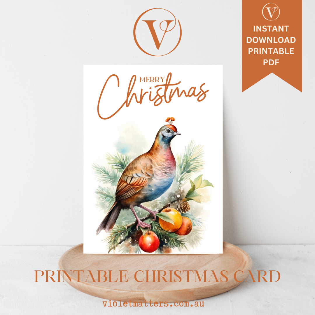 Printable Digital Watercolor Christmas A5 Card - Partridge in a Pear Tree