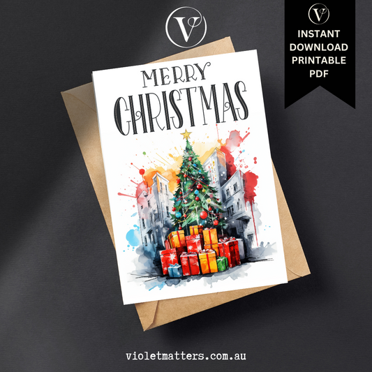 Digital Printable Street Art Style Christmas Tree A5 Card