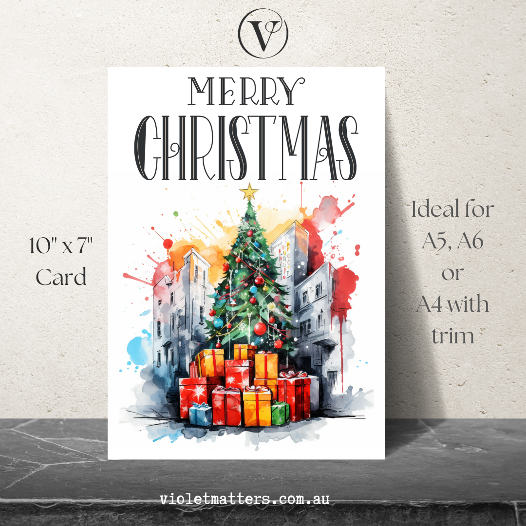 Digital Printable Street Art Style Christmas Tree A5 Card