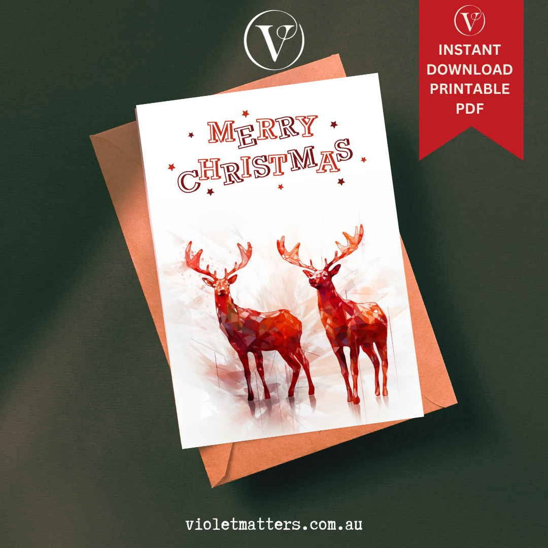 Modern Red Abstract Printable  Christmas Reindeer A5 Card