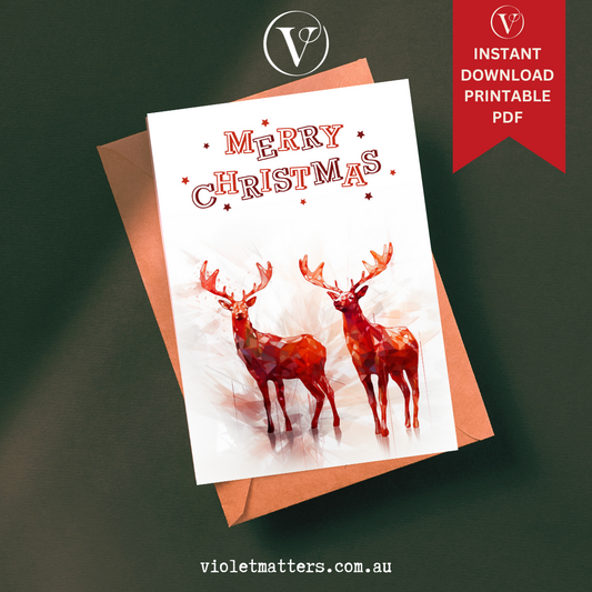 Modern Red Abstract Printable  Christmas Reindeer A5 Card