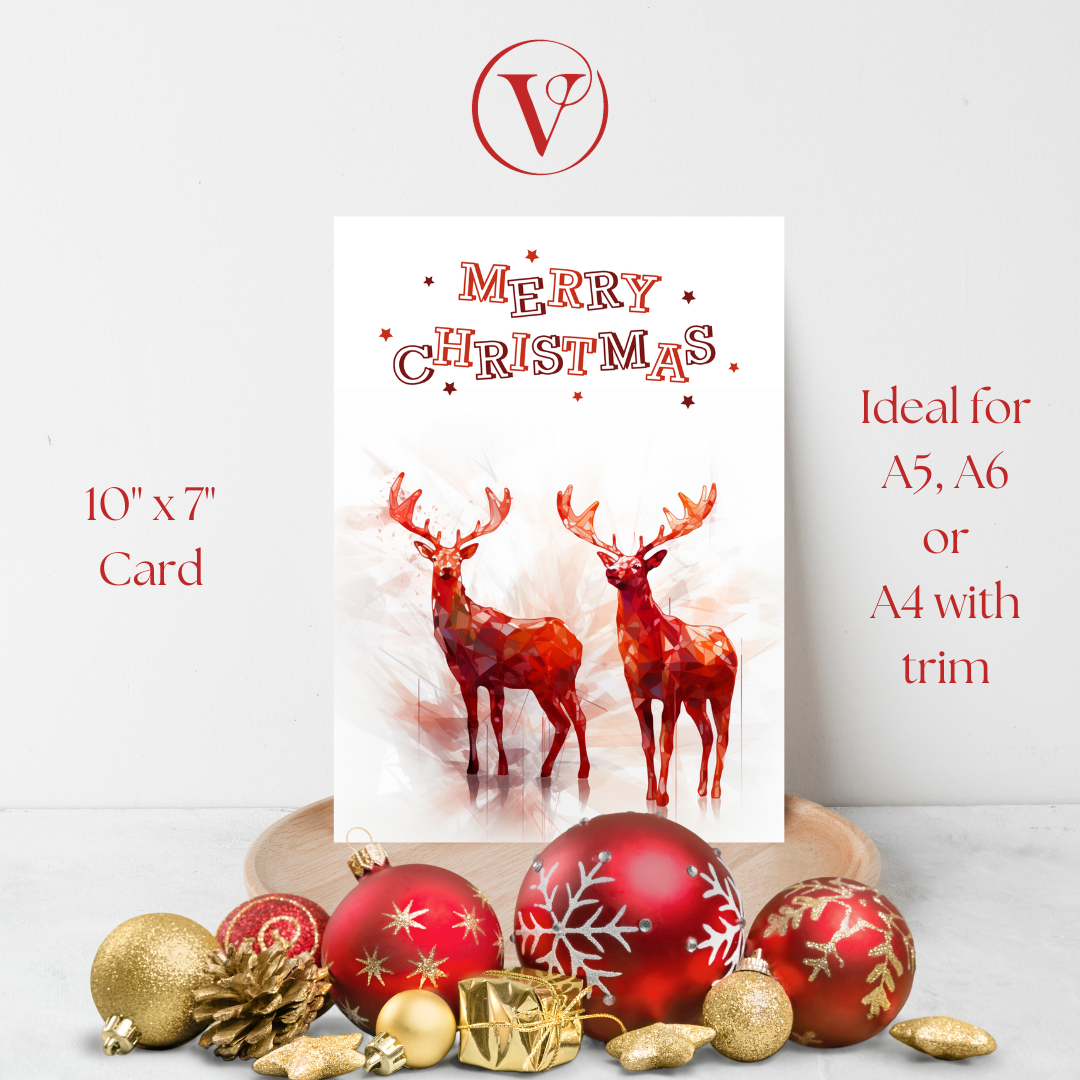 Modern Red Abstract Printable  Christmas Reindeer A5 Card