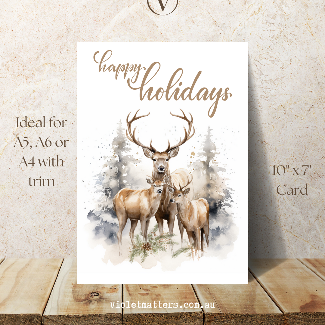 Neutral Watercolor Style Christmas Reindeer Printable Christmas A5 Card