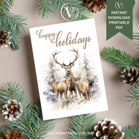 Neutral Watercolor Style Christmas Reindeer Printable Christmas A5 Card