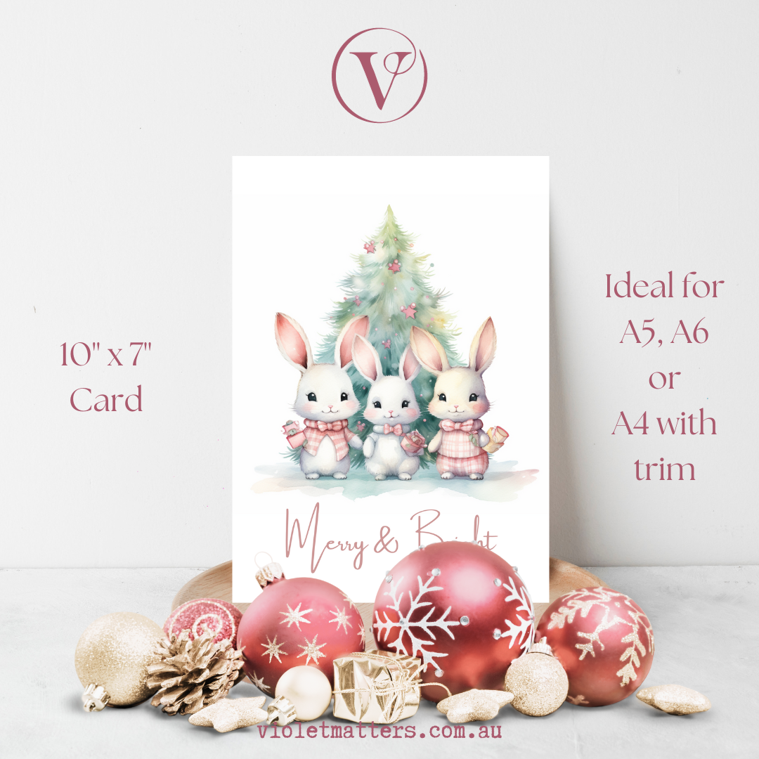 Delightful Pastel Watercolor Bunny Printable Christmas A5 Card