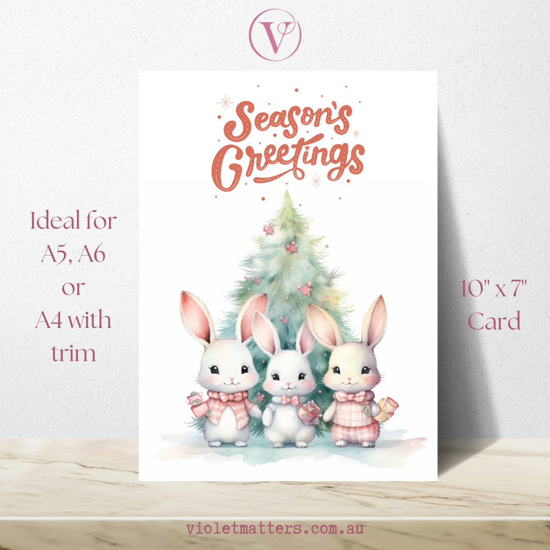 Adorable Pastel Watercolor Bunny Printable Christmas Card A5 Size