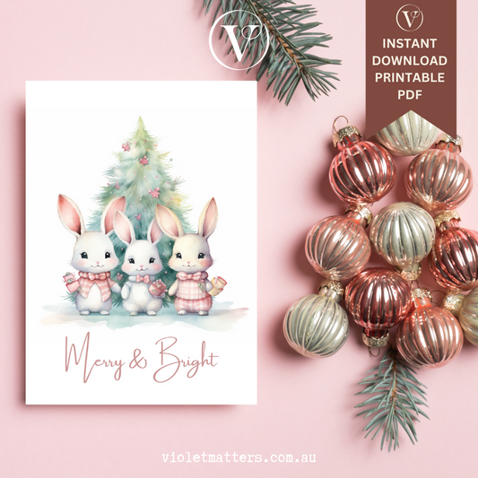 Delightful Pastel Watercolor Bunny Printable Christmas A5 Card