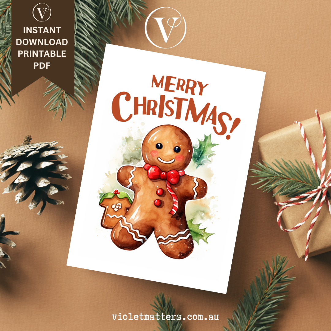 Merry Christmas Gingerbread Watercolor Printable Christmas Card A5 Size