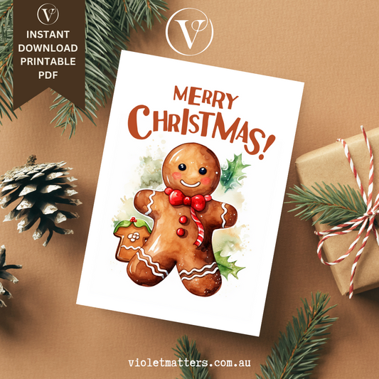 Merry Christmas Gingerbread Watercolor Printable Christmas Card A5 Size
