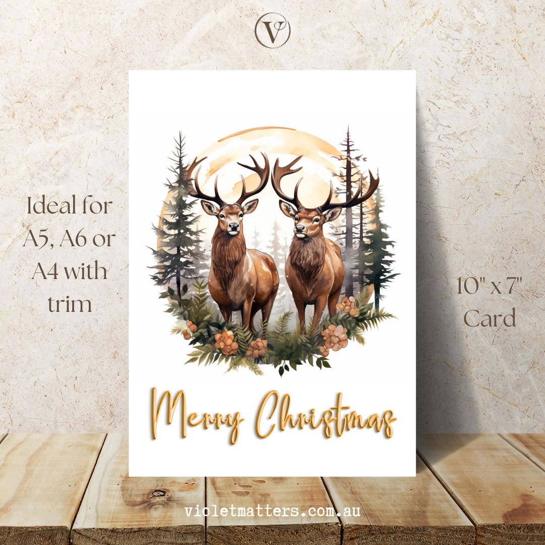 Stylish Woodland Style Reindeer Christmas A5 Card