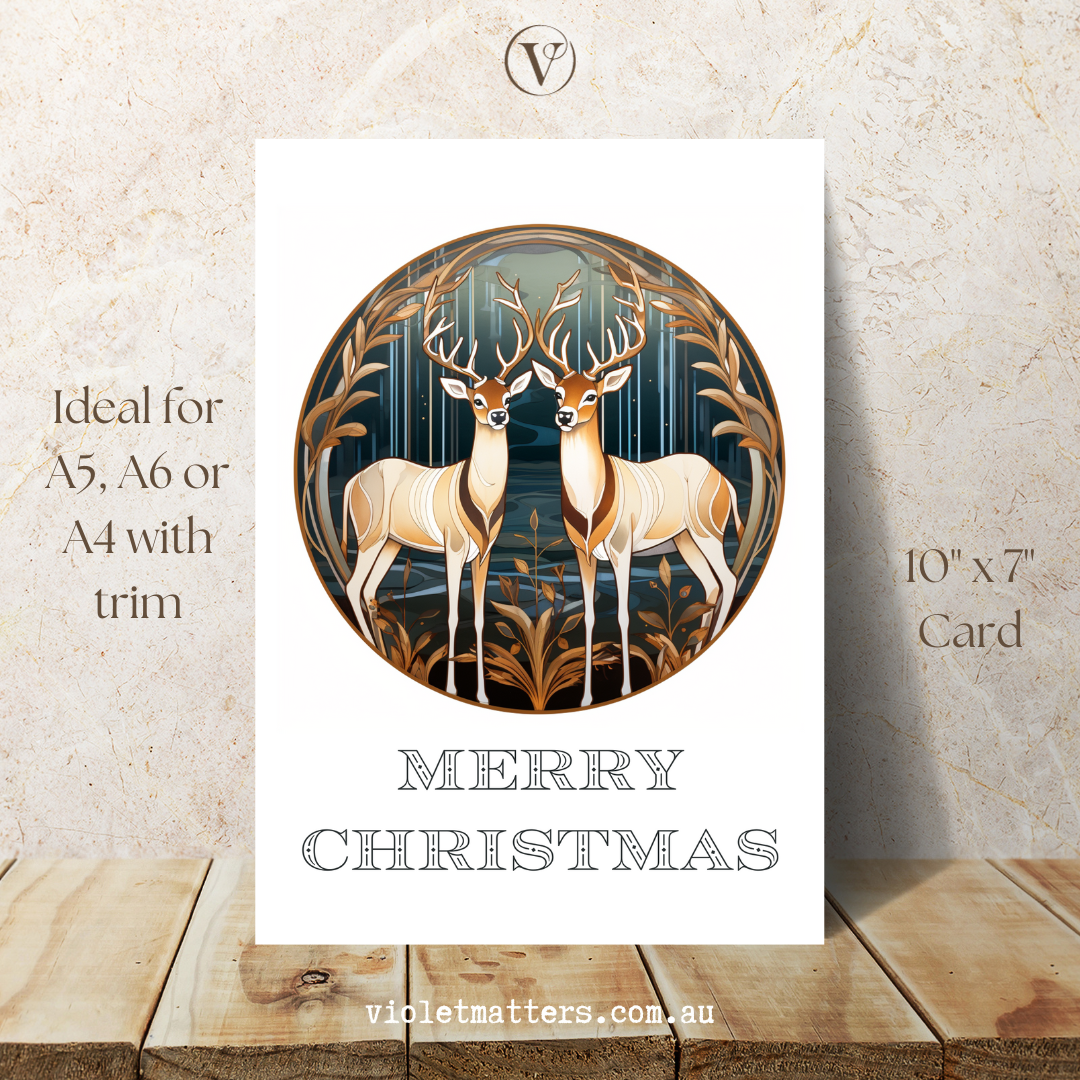 Printable Art Deco Style Reindeer Christmas A5 Card