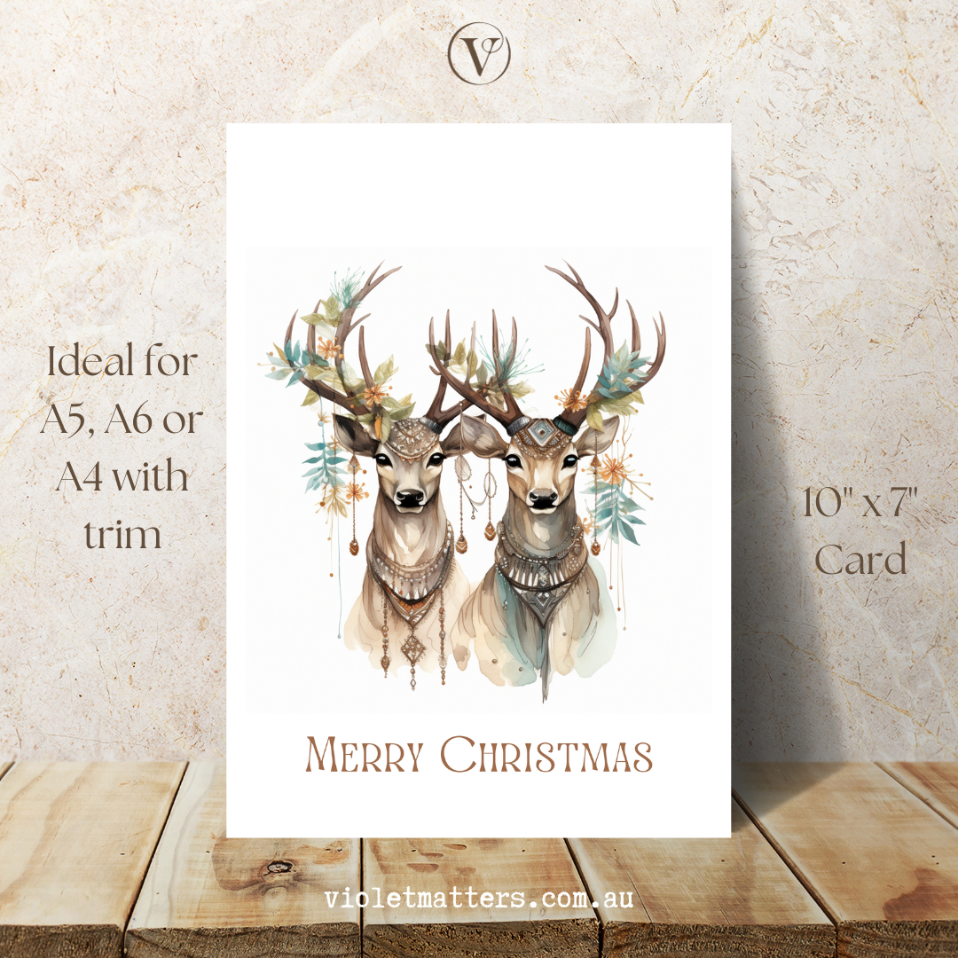 Stylish Bohemian Style Reindeer Christmas A5 Card