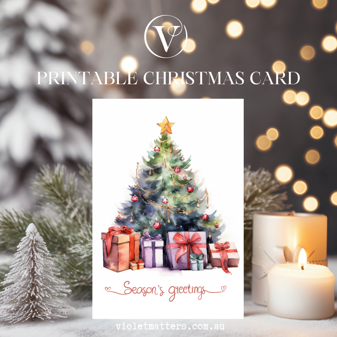 Seasons Greetings Printable Watercolor Christmas Tree A5 Card