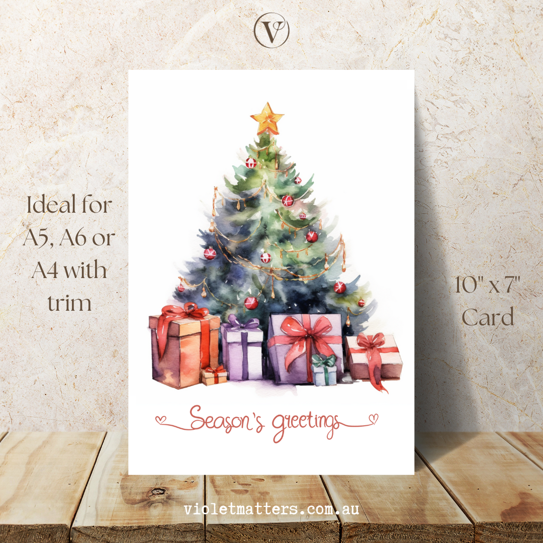 Seasons Greetings Printable Watercolor Christmas Tree A5 Card