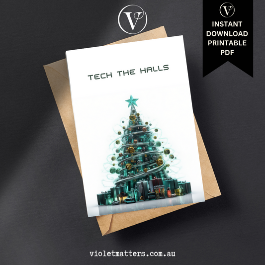 Futuristic Tech Style Printable Christmas Tree A5 Card