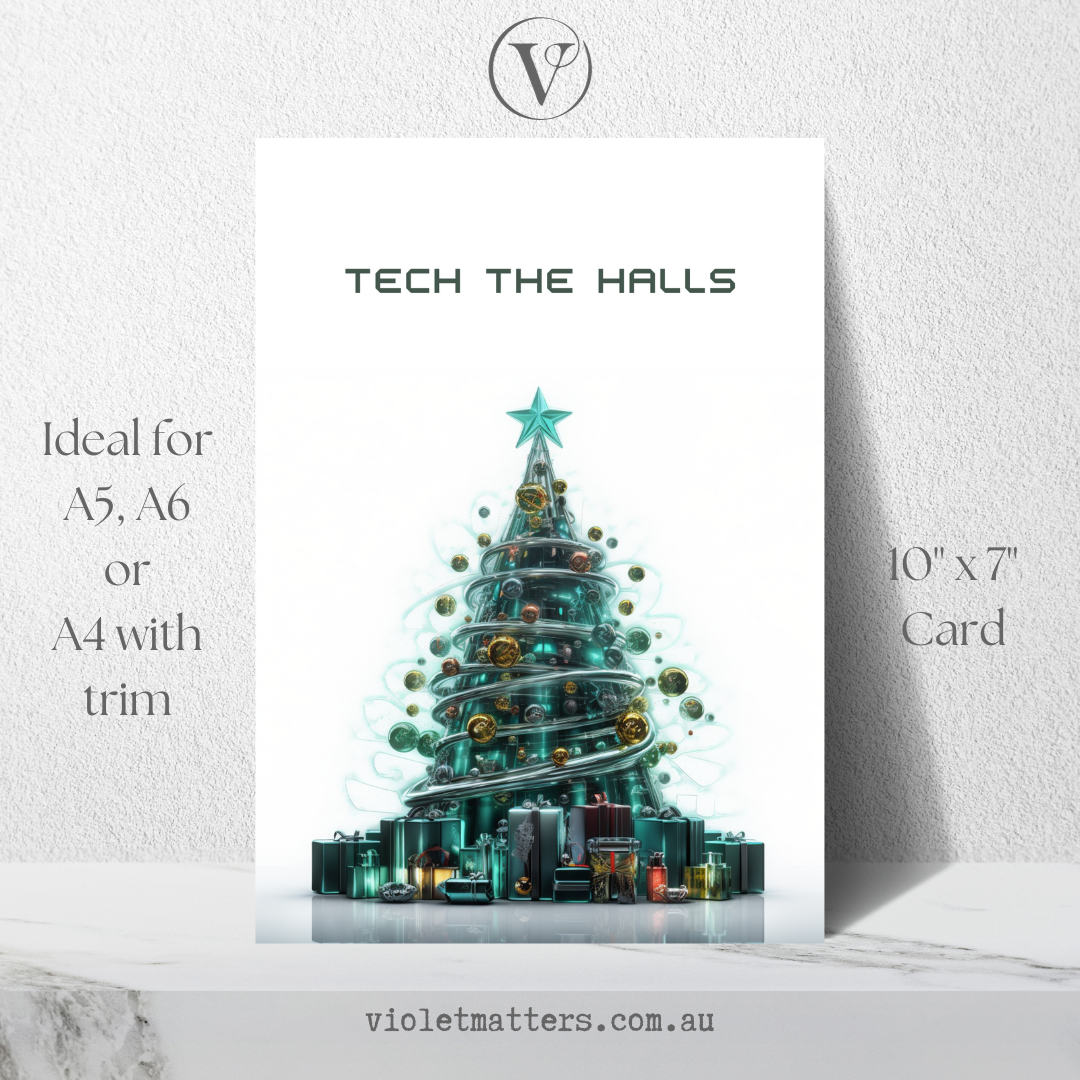 Futuristic Tech Style Printable Christmas Tree A5 Card