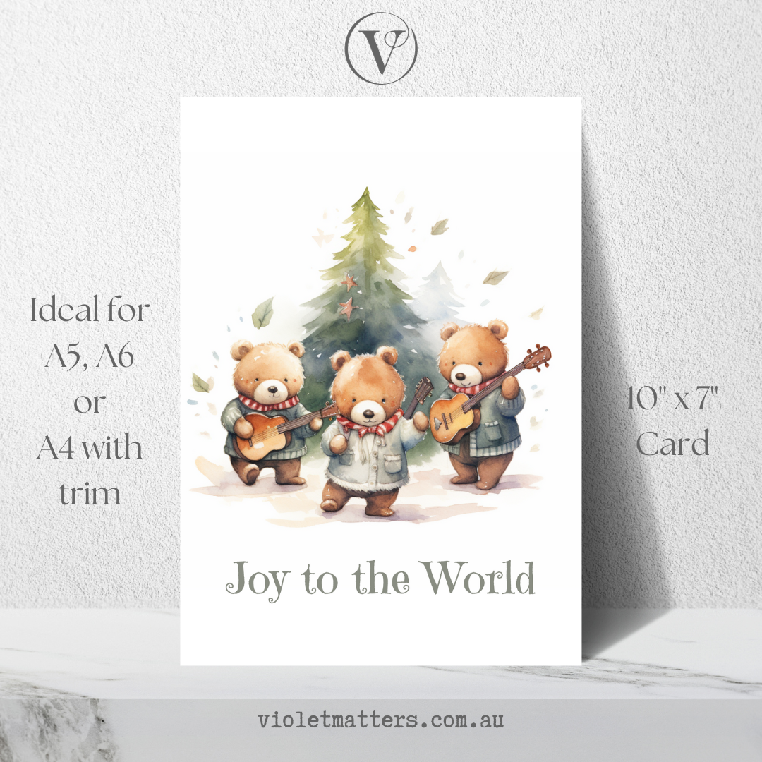 Joy to the World Adorable Bears Printable Christmas A5 Card