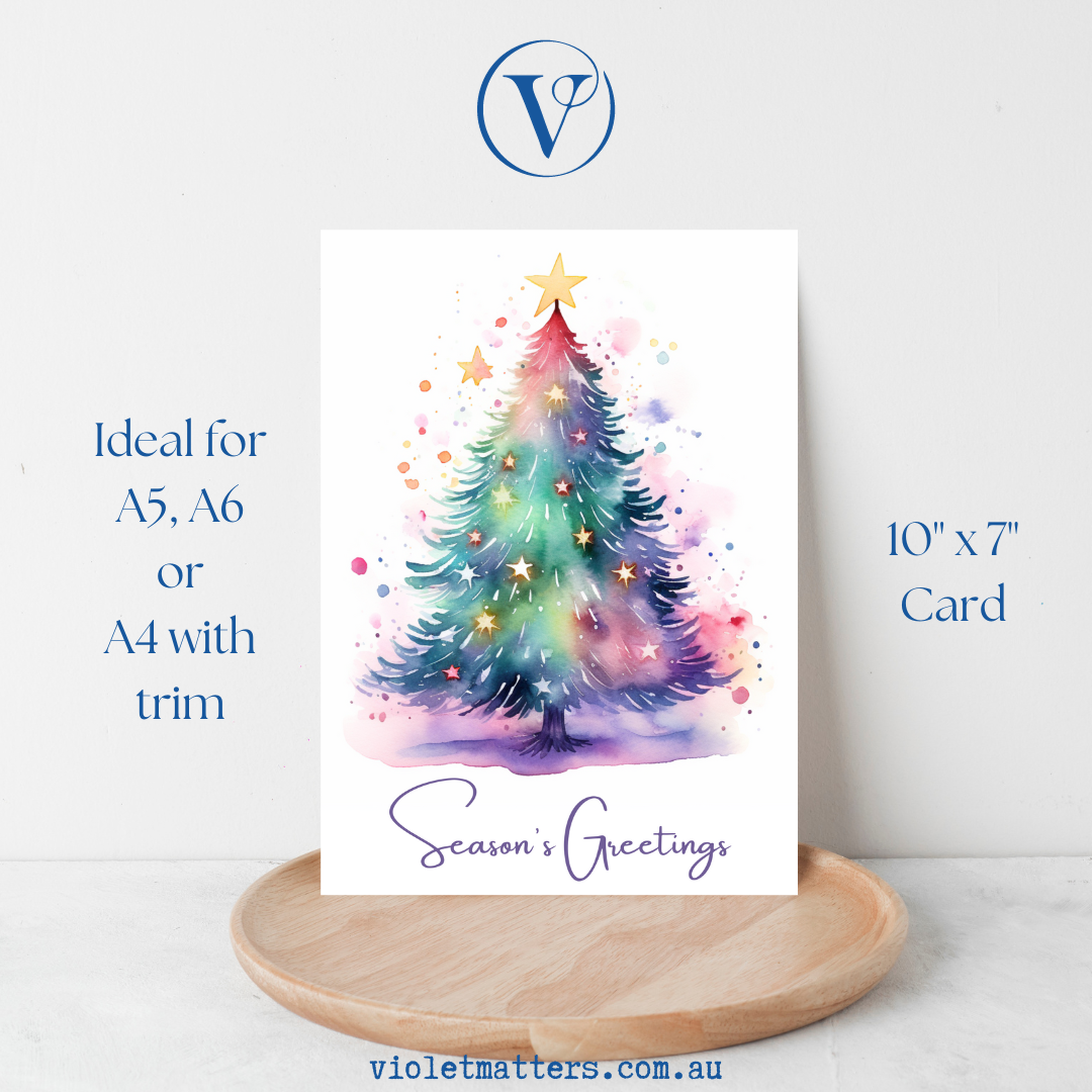 Enchanting Seasons Greetings Watercolor Printable Christmas Tree A5 Card