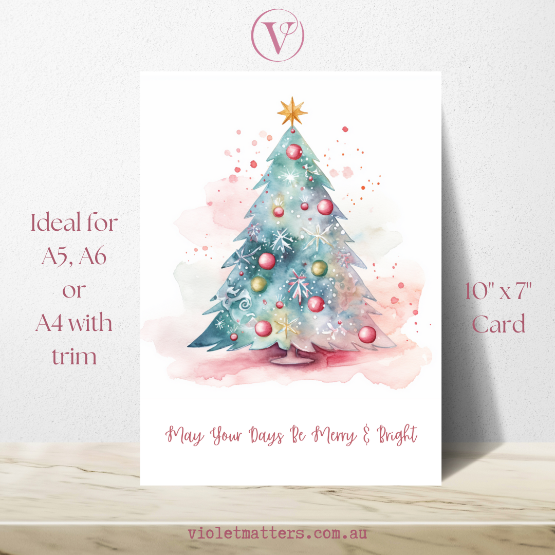 Pretty Pastel Watercolor Printable Christmas Tree A5 Card