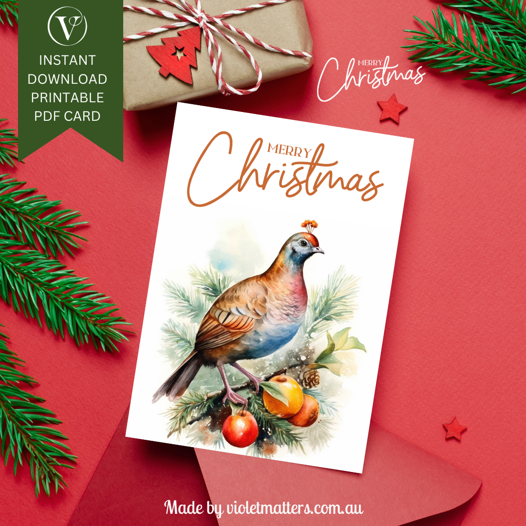 Printable Digital Watercolor Christmas A5 Card - Partridge in a Pear Tree