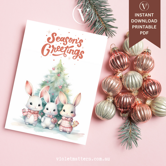 Adorable Pastel Watercolor Bunny Printable Christmas Card A5 Size