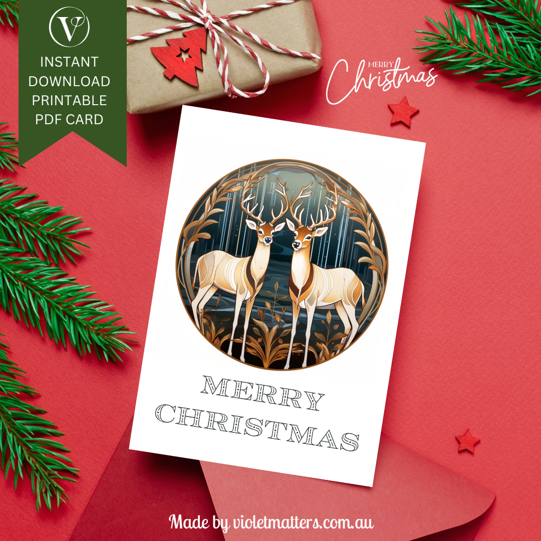 Printable Art Deco Style Reindeer Christmas A5 Card