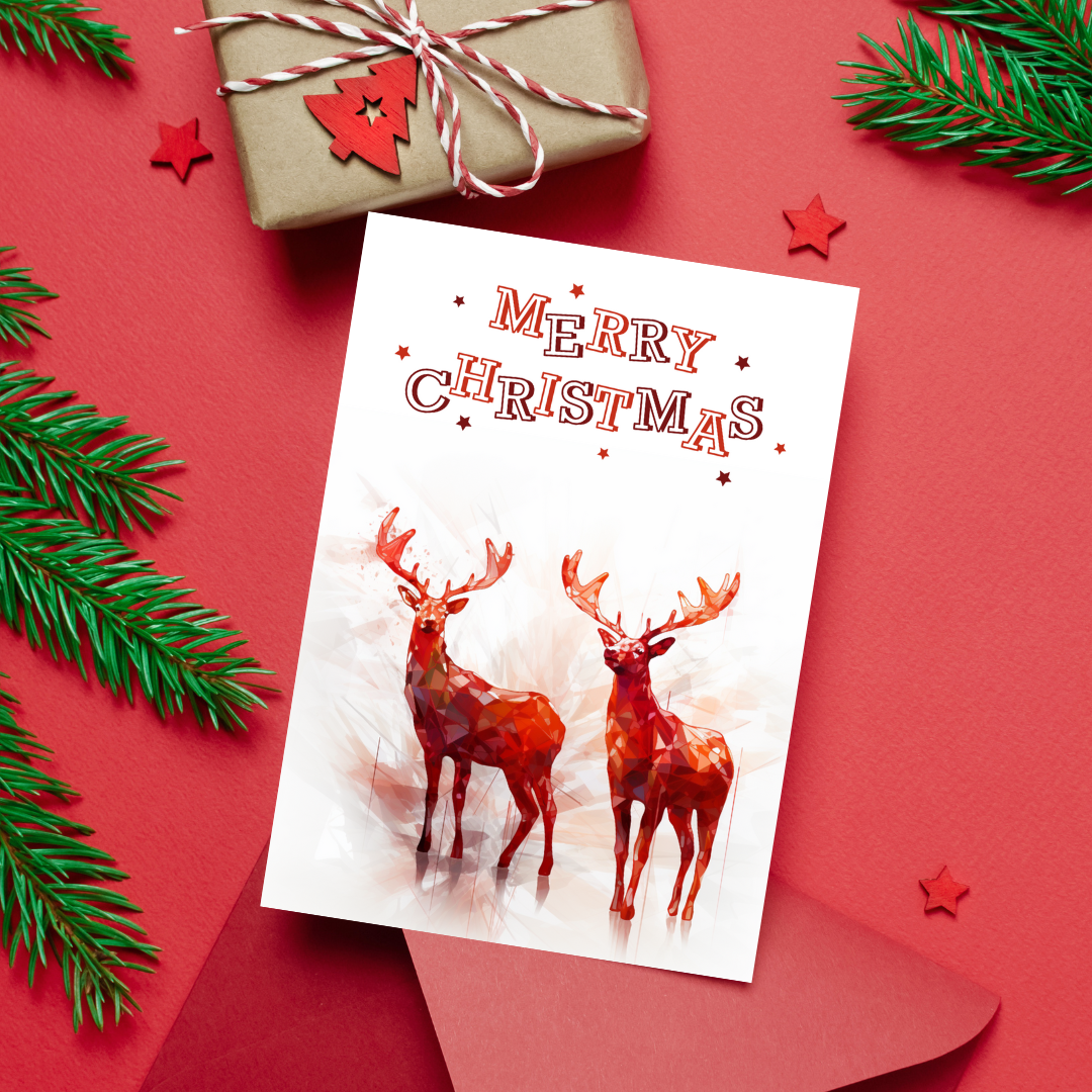 Modern Red Abstract Printable  Christmas Reindeer A5 Card