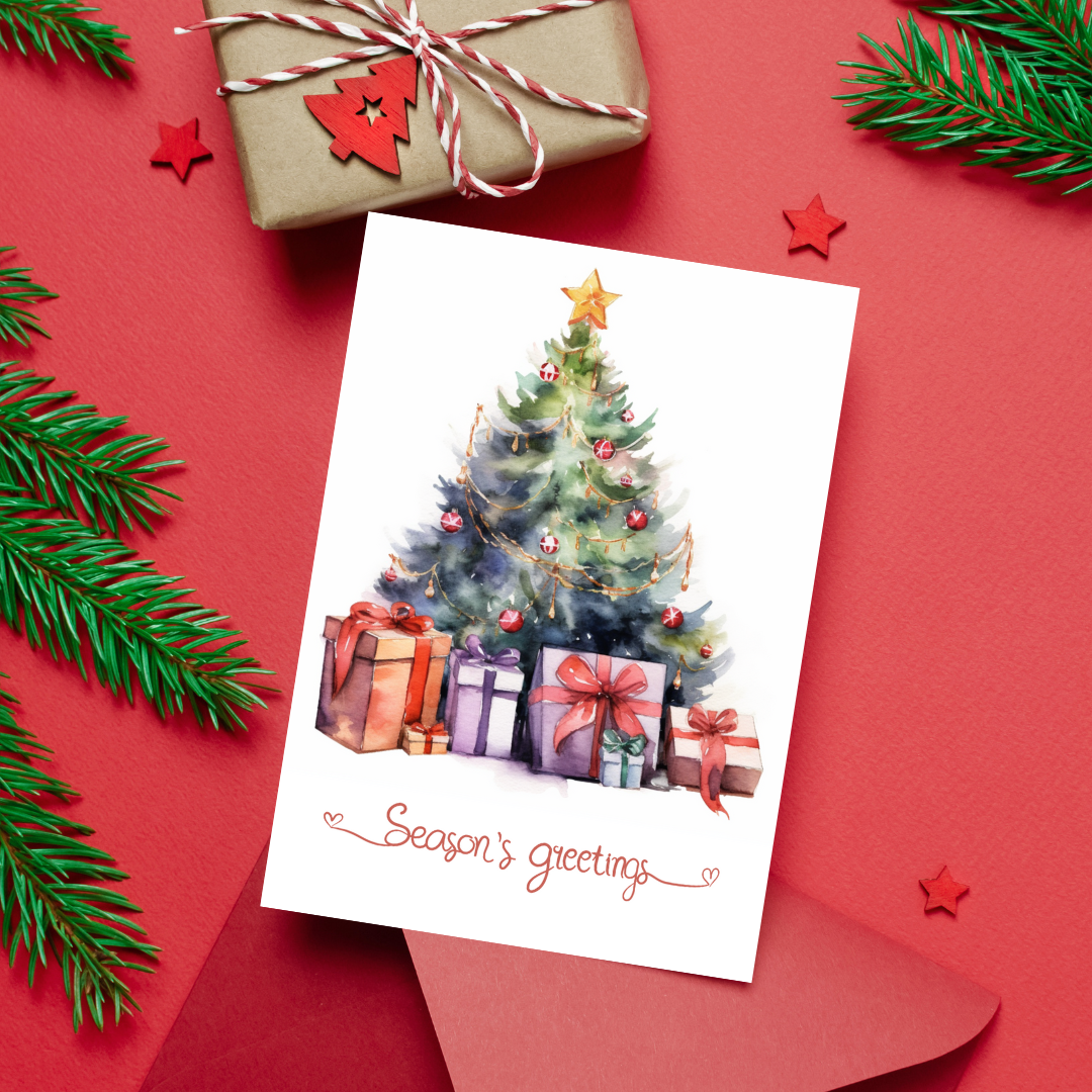 Seasons Greetings Printable Watercolor Christmas Tree A5 Card