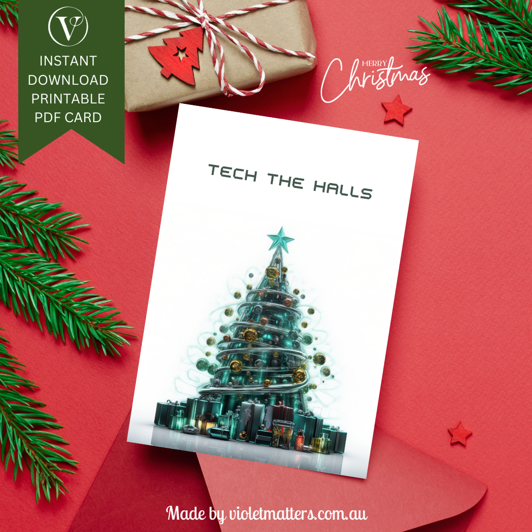 Futuristic Tech Style Printable Christmas Tree A5 Card