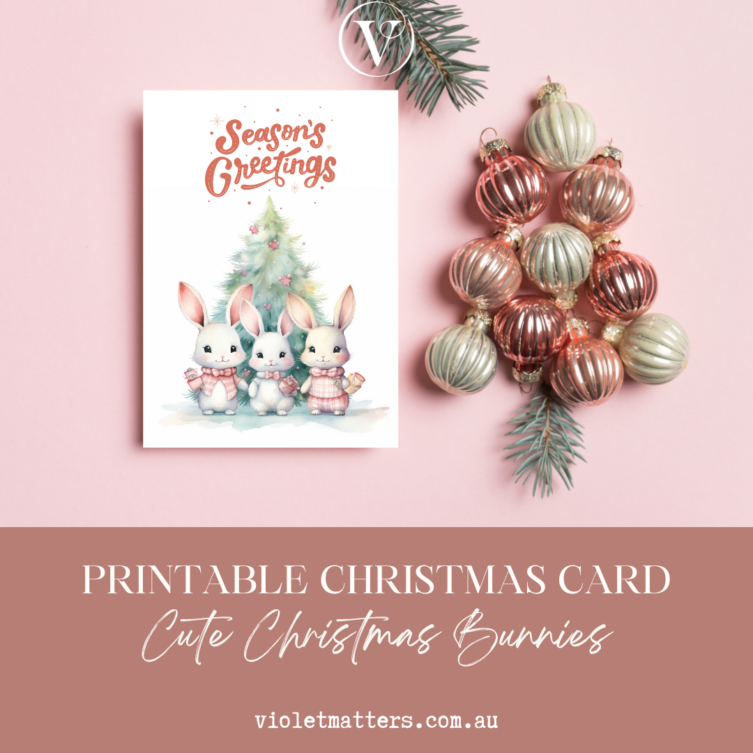 Adorable Pastel Watercolor Bunny Printable Christmas Card A5 Size