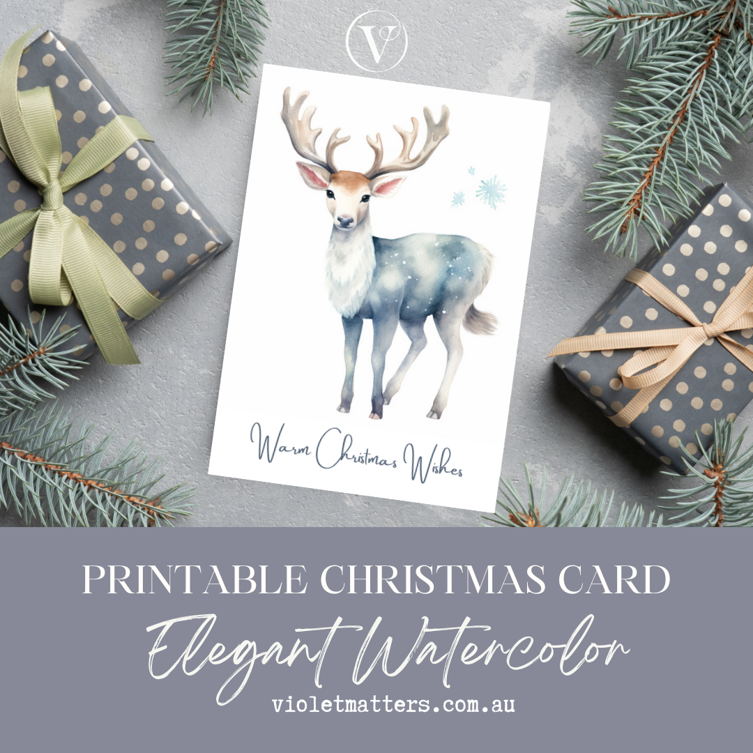 Elegant Pastel Watercolor Deer Printable Christmas A5 Card