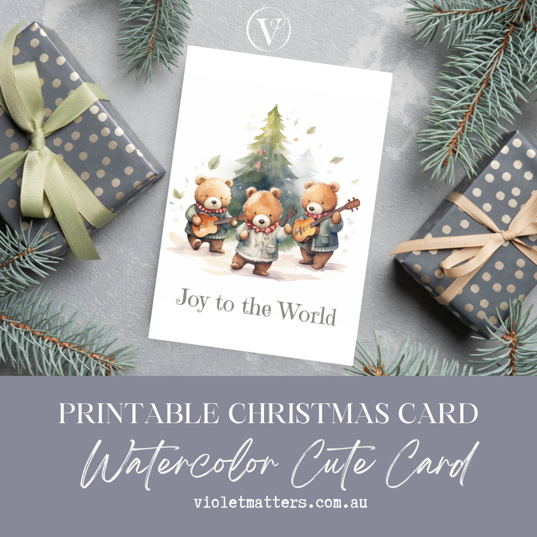 Joy to the World Adorable Bears Printable Christmas A5 Card