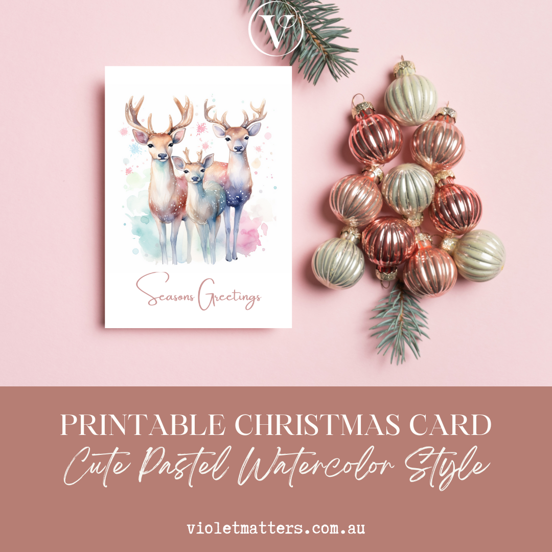 Beautiful Pastel Watercolor Deer Printable Christmas A5 Card