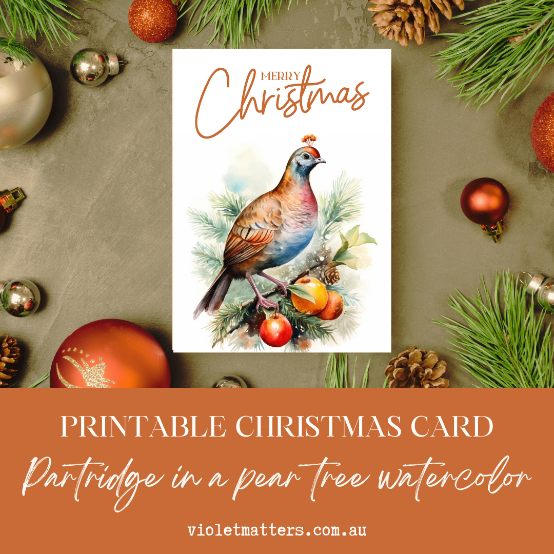 Printable Digital Watercolor Christmas A5 Card - Partridge in a Pear Tree