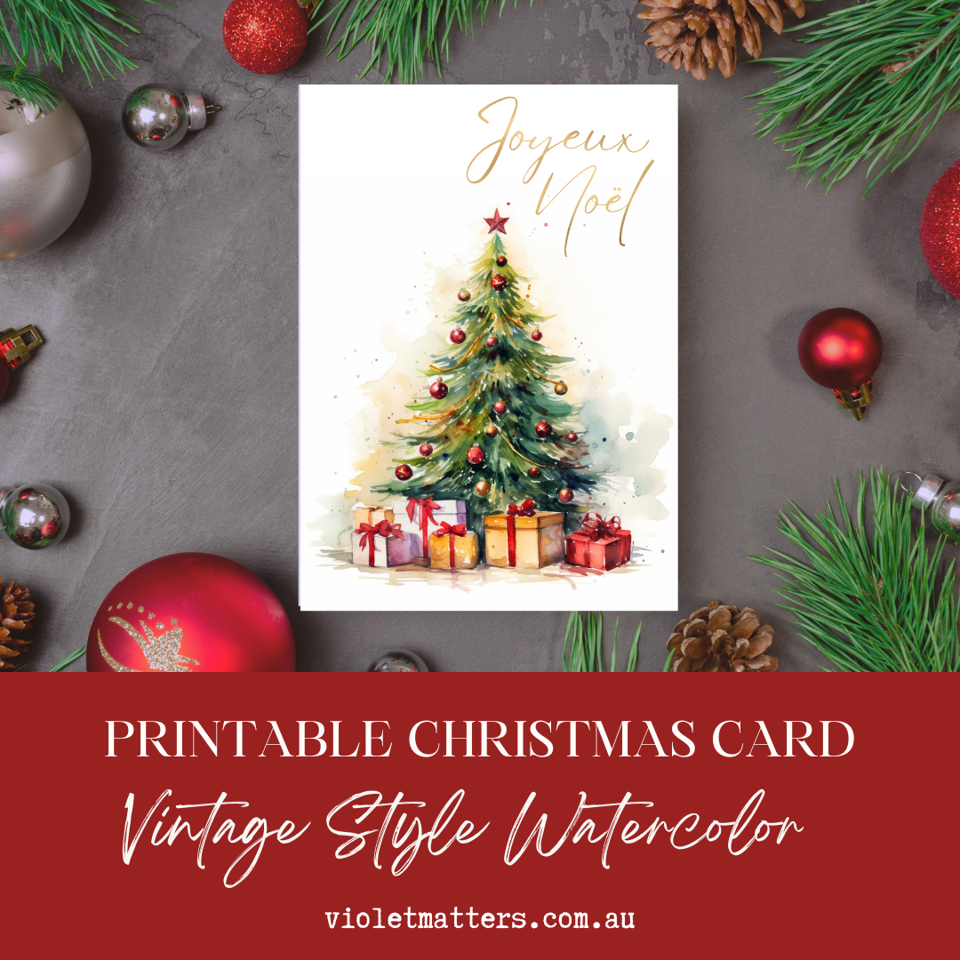 Joyeux Noël Printable Watercolor Christmas Tree A5 Card