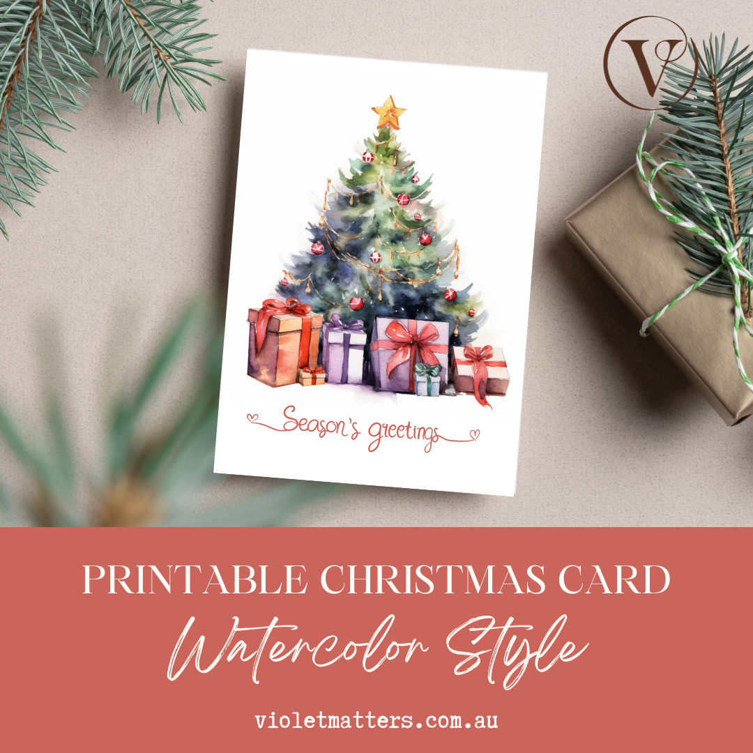 Seasons Greetings Printable Watercolor Christmas Tree A5 Card