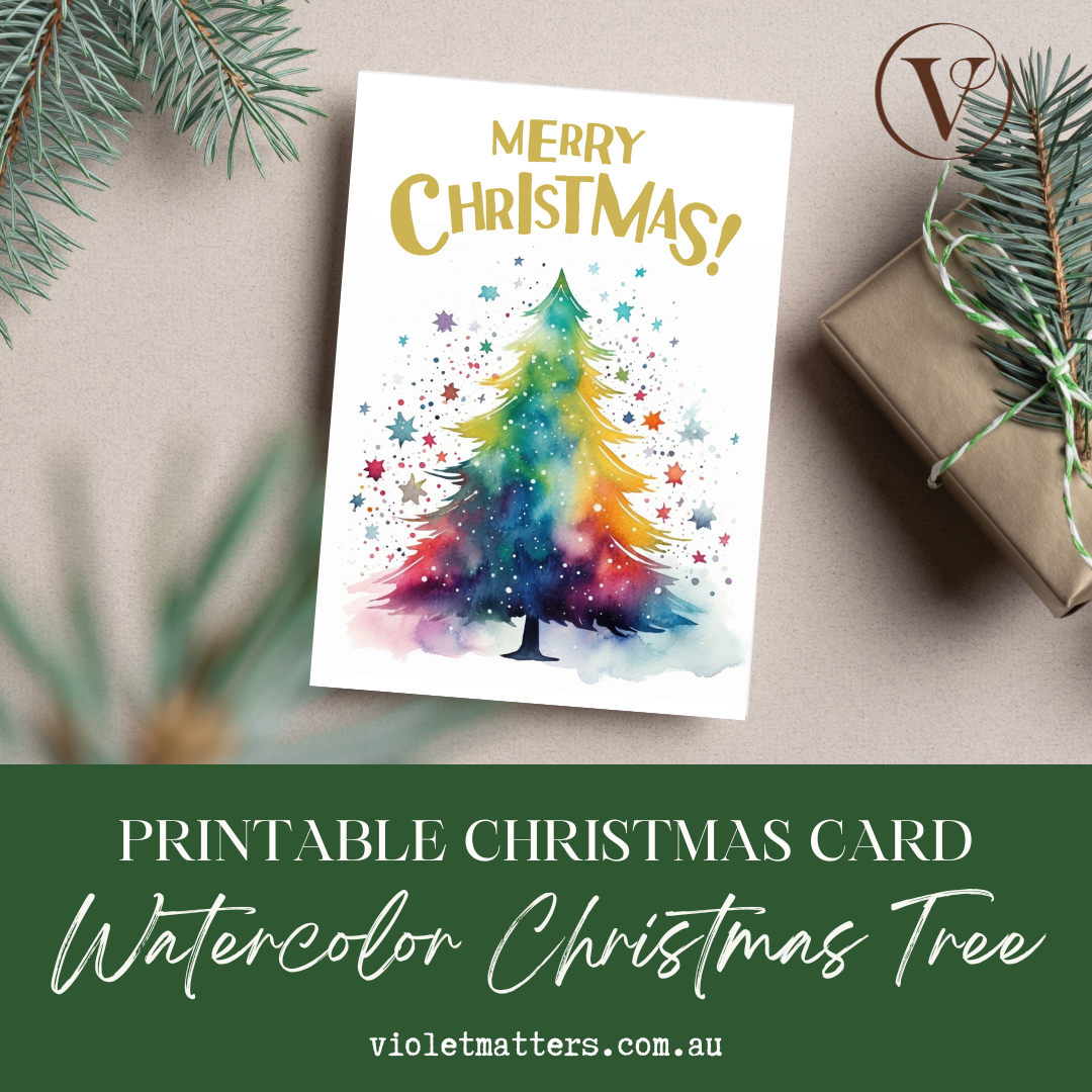 Colorful Watercolor Merry Christmas Tree Printable A5 Card